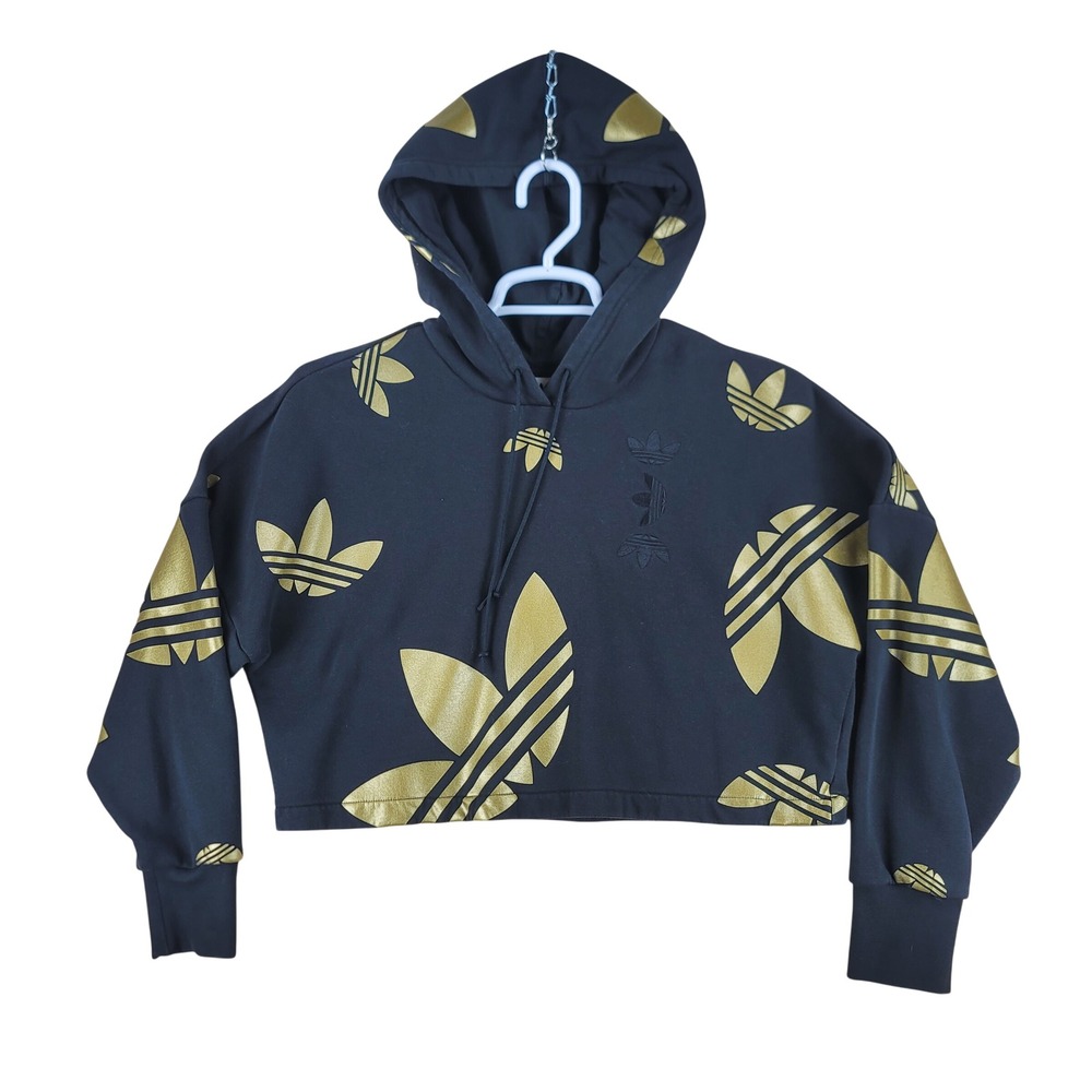 Adidas Cropped Hoodie Women XS Black Gold Metallic Trefoil Logo Pullover 0995